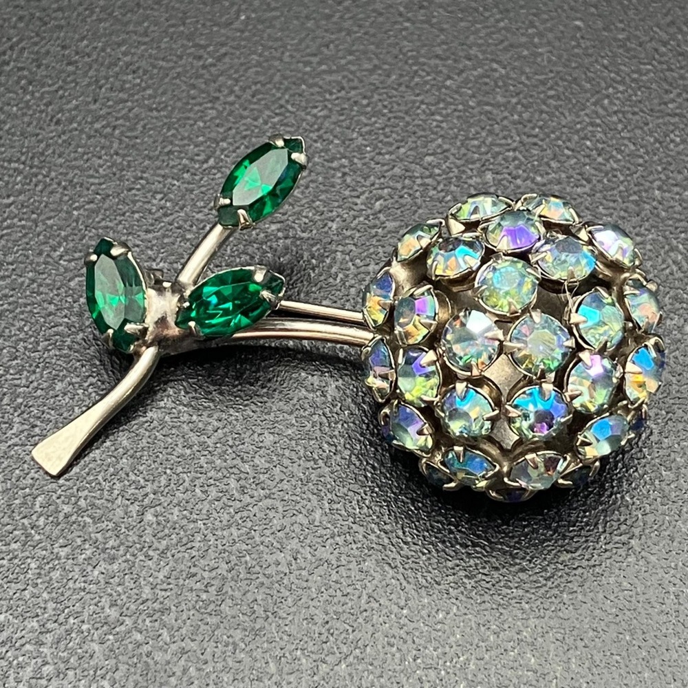 Vintage Warner Rhinestone Flower Brooch Blue AB Iridescent Domed Floral Pin 2" - Picture 7 of 11